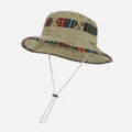 Outdoor casual khaki bucket hat with ethnic patterned band, wide brim and adjustable chin cord. - Khaki (Vintage Style)