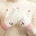 Cute winter plush gloves with pink cuffs and snowman embroidery, warm and touch screen friendly. - Snowman Touch Split-Finger / Multicolor