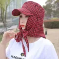 Red black plaid sun protection hat with face and neck cover for outdoor use uv protection - One Size / Red Plaid (Lace-up Style)