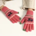 Pink knit touch screen gloves for women, winter warm fleece lined cute reindeer mittens. - Double Layer / Rose Red (Deer Touchscreen)