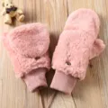 Women pink furry warm convertible mittens with wrist strap for winter riding and daily wear. - Pink