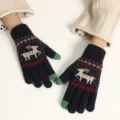 Winter thermal knitted gloves for women cute reindeer pattern fleece lined touch screen - Navy Blue Deer Touchscreen Gloves