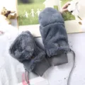 Grey winter plush convertible mittens warm fleece lined gloves with string for women and couple - Gray