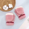 Close-up view of fluffy pink flip-top winter mittens with cute buttons and warm texture. - One Size / Mink Flip Cover Half-Finger / Pink