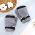 Winter warm plush half-finger flip gloves, cozy grey knit mitten for cold weather. - One Size / Mink Flip Cover Half-Finger / Dark Gray