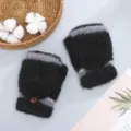 Winter warm fuzzy fingerless flip gloves, stylish black grey color block convertible mittens. - One Size / Mink Flip Cover Half-Finger / Black