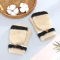 Cozy winter half-finger convertible gloves with stylish color block design and button accent. - One Size / Mink Flip Cover Half-Finger / Beige