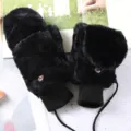 Winter warm black plush mittens for women, windproof cute design with convenient hanging rope. - Black