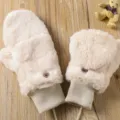 Beige fluffy winter convertible mittens with hanging rope, warm plush thermal gloves for women - Off White