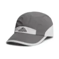 Close-up detail of the grey and white camping camp cap featuring mountain embroidery design. - Little Mountain Baseball Cap / Gray