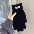 Black winter knitted gloves for women and men, warm fleece touch screen split-finger design. - Candy Color Cuff Label Split Finger / Black