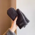 Thickened woolen winter mittens detail shot, dark gray cozy fleece lined knit thermal gloves. - Labeled Cable Knit Full Finger / Dark Gray