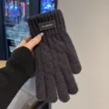 Men dark gray knit touch screen gloves with classic label, warm winter thermal gear. - Classic Cable Knit Split Finger / Dark Gray
