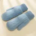 Light blue plush fuzzy winter mittens with knitted ribbed cuffs for warm and cozy daily wear. - Blue - Faux Mink Vertical Striped Mitten Covers