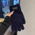 Men's classic dark blue knitted winter warm gloves with five fingers and rib cuff design. - Classic Cable Knit Split Finger / Navy Blue