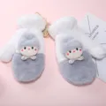 Cute winter plush thick warm mittens with neck strap, cozy fleece lined grey white gloves. - White Doll / Gray