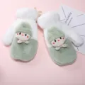 Winter warm plush mittens for women cute cartoon doll thick thermal gloves with neck strap - White Doll / Green