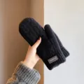 Men's black knitted winter thermal mittens thick fleece lined warm windproof cozy gloves - Labeled Cable Knit Full Finger / Black
