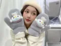 Winter outdoor fleece-lined thickened warm mittens, cute plush doll decoration, cozy casual style. - Baby Penguin / Gray