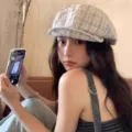 Japanese vintage plaid linen newsboy hat for women, breathable summer retro beret cap stylish. - Retro Plaid Newsboy Hat / White