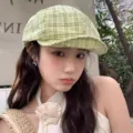 Green plaid newsboy hat women cotton linen beret Japanese retro vintage painter cap stylish hat - Retro Plaid Newsboy Hat / Yellow