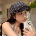Classic black and white plaid beret hat, vintage newsboy hat for women, Japanese spring summer fashion - Retro Plaid Newsboy Hat / Black