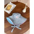 Chapeau bob à carreaux bleu et blanc pour femme, chapeau de soleil à large bord anti-UV. - Bob réversible à carreaux bleu