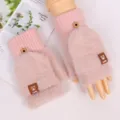 Pink plush convertible fingerless gloves for women autumn winter warm cute knit mittens shopping - Bear Mink Flip Cover / Pink