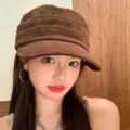 Brown suede pleated duckbill hat, retro octagonal hat variant for women fashion look. - Solid Color Beret / Coffee