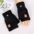 Black plush half-finger convertible gloves for women, warm winter knitted mitten style. - Bear Mink Flip Cover / Black