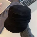 Black suede retro pleated flat top hat, stylish casual fashion women's octagonal cap. - Solid Color Beret / Black