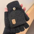 Dark grey knit convertible fingerless gloves for women, warm winter thermal wear. - Wool Cuff Badge Flip / Dark Gray