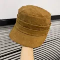Vintage brown faux suede flat top hat with stylish pleated design for women fashion. - Solid Color Beret / Camel