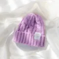 Berretto viola in maglia trecce inverno caldo spesso risvolto accogliente morbido retro stile - Berretto in Maglia Treccia con Toppa / Viola