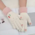 Caldi guanti invernali tattili in maglia da donna polsino peluche ricamo pupazzo neve - Guanti touchscreen pupazzo di neve bianchi