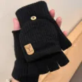 Black knitted convertible fingerless gloves for winter warm texting typing stylish cozy pair. - Wool Cuff Badge Flip / Black