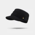 Black suede cadet cap, vintage flat top military hat with cute gold heart charm detail. - Heart Beret / Black