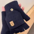 Dark blue knitted convertible fingerless gloves for women, winter warm half-finger gloves. - Wool Cuff Badge Flip / Navy