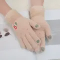 Guanti touchscreen in peluche lavorati a maglia invernali da donna caldi guanti di lana spessi - Guanti touch screen beige con pupazzo di neve