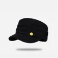 Black suede cadet cap for women, elegant pleated flat top military hat with gold button detail. - Round Badge Beret / Black