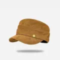 Brown Suede Flat Top Cadet Cap for Women, Retro Pleated Equestrian Hat Versatile - Round Badge Beret / Camel