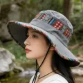 Cappello da sole estivo per donna e uomo, cappello da pescatore grigio a tesa larga con nastro etnico. - Grigio (Stile Vintage)