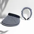 Blue and white striped empty-top sun hat and foldable headband two-in-one outdoor summer sun protection. - Striped Headband Hat / Navy Blue