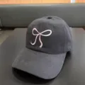 Soft top dark grey baseball cap with cute pink embroidered bow for stylish women sun hat - Dark Gray