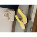 Transparent high heel mule sandals for women, stylish summer slip-on shoes with clear strap. - Yellow