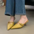 Yellow pointed-toe kitten heel mules for women, stylish slip-on shoes with buckle strap. - 35 / Yellow