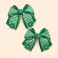 Green plaid bow hair clips with fabric flowers and pearls, cute hair accessories for girls detail - 2 Pcs/Set / Green