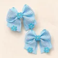 Close-up detail of blue gingham hair bow with pearl flower accent, cute hair accessory. - 2 Pcs/Set / Blue Gold