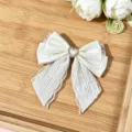 White satin lace bow hair clip detail shot, sweet rhinestone heart hair accessory for women. - Beige
