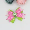 Cute children hair bow clip with polka dots and sweet frog detail, perfect for cute girls. - Pink Green Polka Dot Frog Style